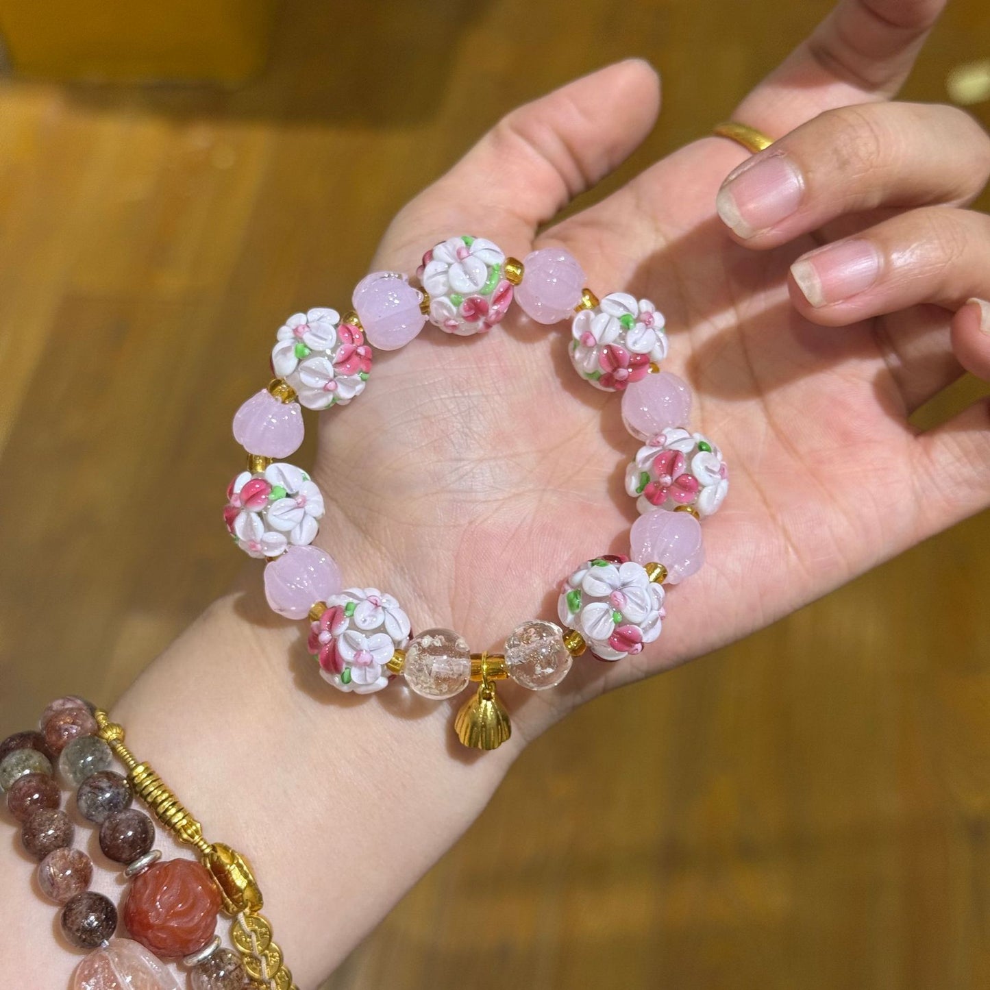 Embroidered Ball Glass Single With Pink Lotus Female Bracelet