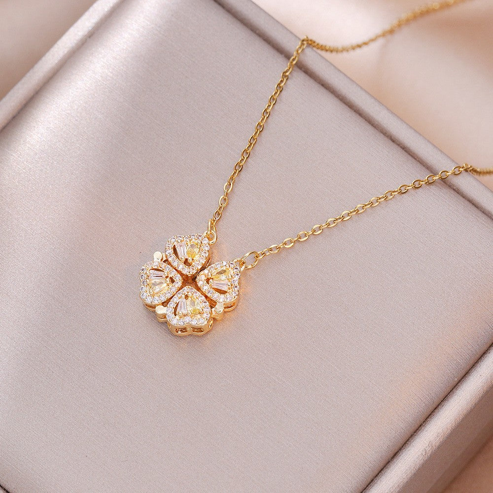 Women's Steel Cross Chain Open Close Four-leaf Flower Necklace