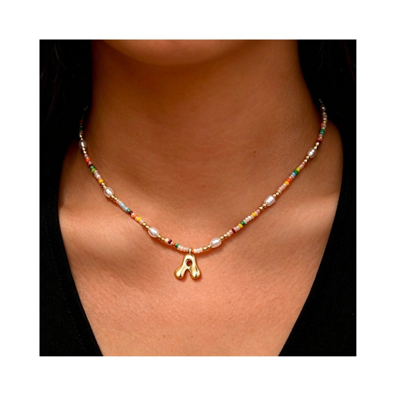 Best-selling Bubble Gold English Letter Color Small Beads Pearl Necklace