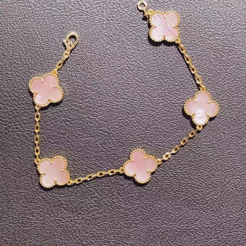 Women's Four-leaf Clover Rose Gold Red Agate Black White Shell Flower Bracelet