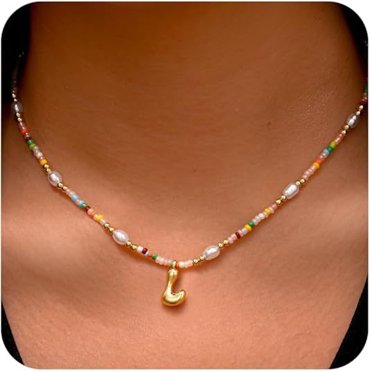 Best-selling Bubble Gold English Letter Color Small Beads Pearl Necklace