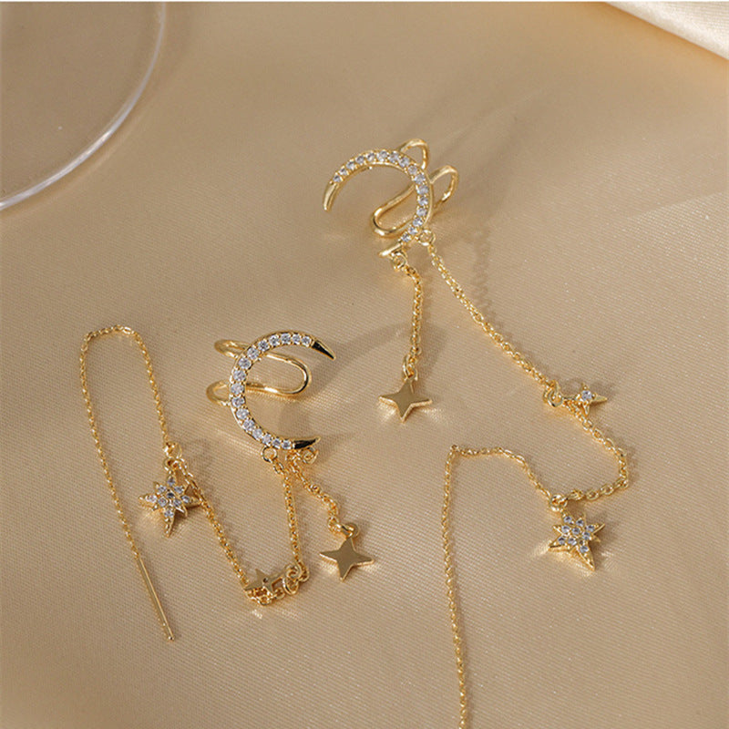 Diamond Fashion Star Moon Personality Tassel Ear Clip Stud Earrings