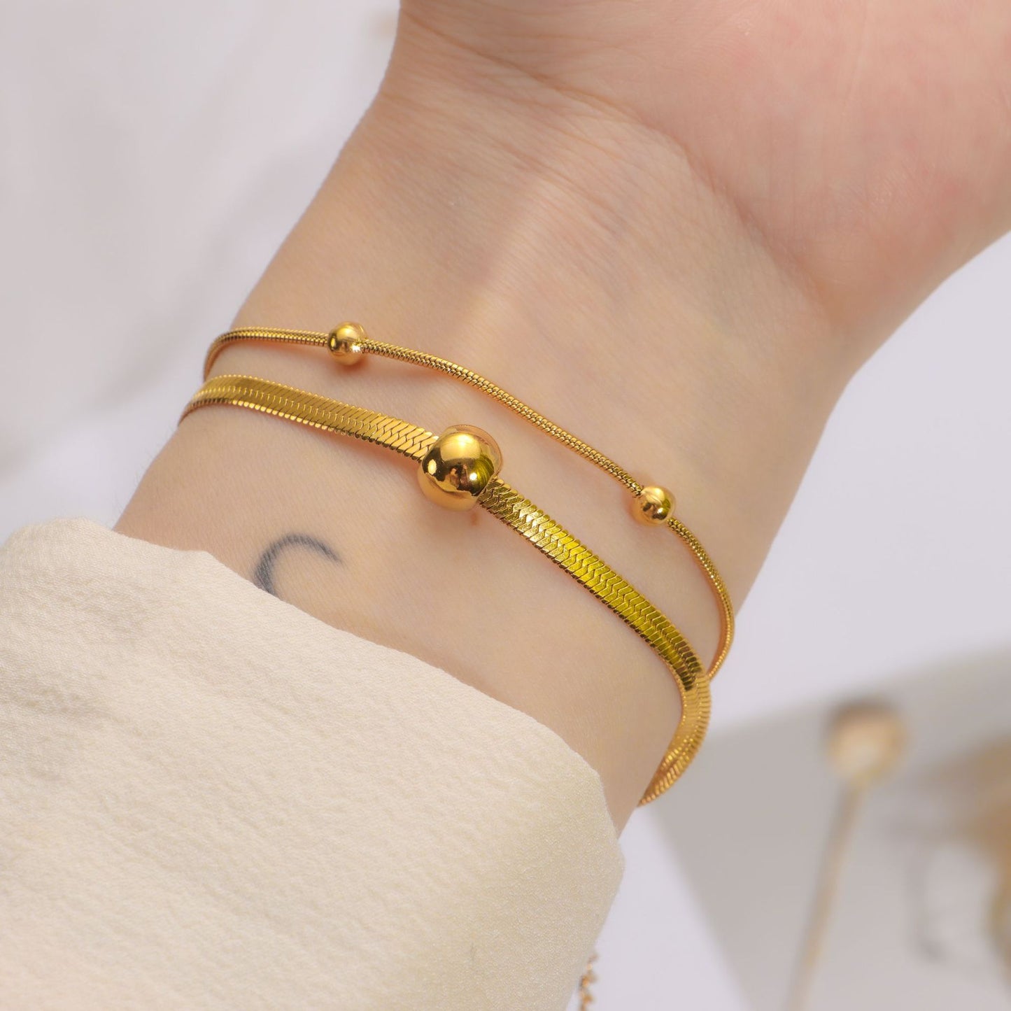 Simple Gold Beads Spacer Gold-plated Titanium Steel Color Retention Snake Necklaces