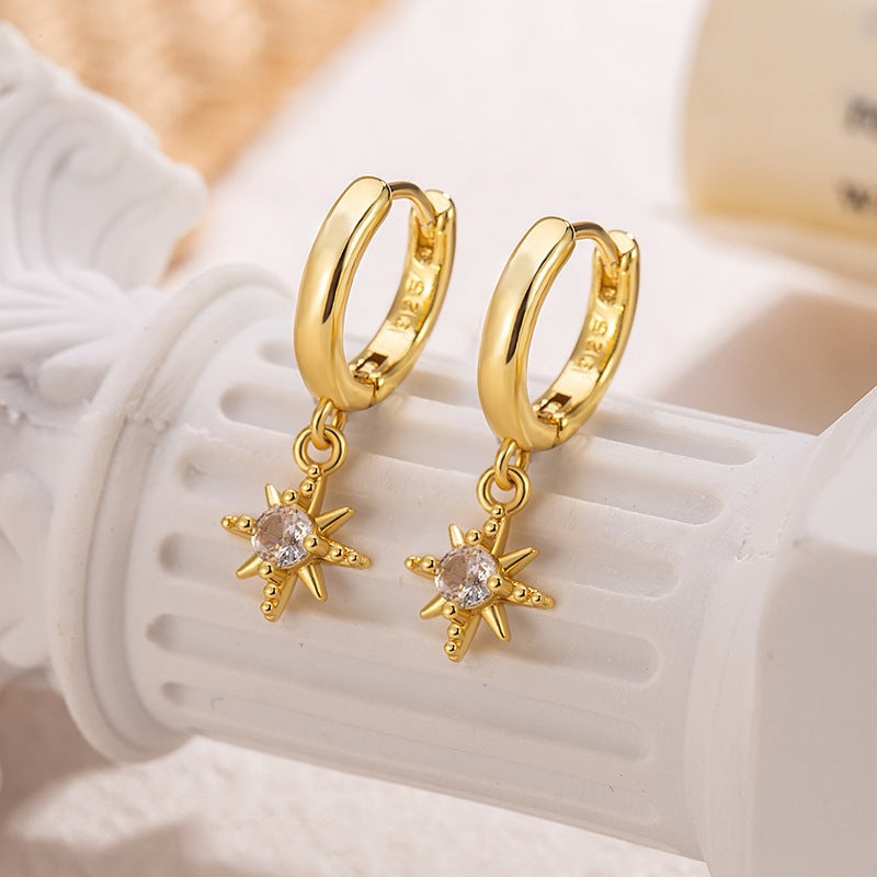 Women's Asymmetric Eight Awn Star French Style Fashionable Golden Simple Twin Earrings