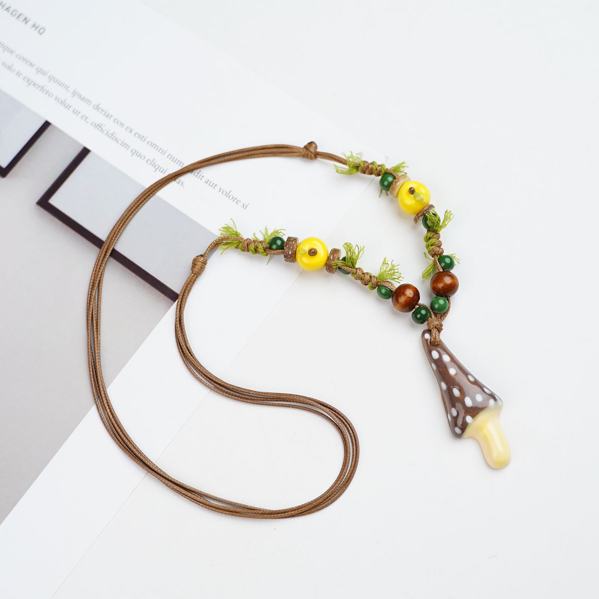 Women's Dopamine Color Ceramic Mushroom Long Woven Necklace