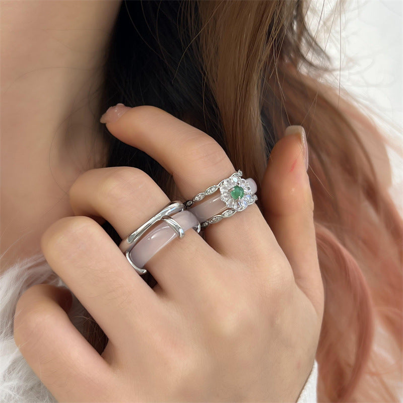 Lost Staff Series Transparent White Agate Chalcedony Unique Design Double Ring