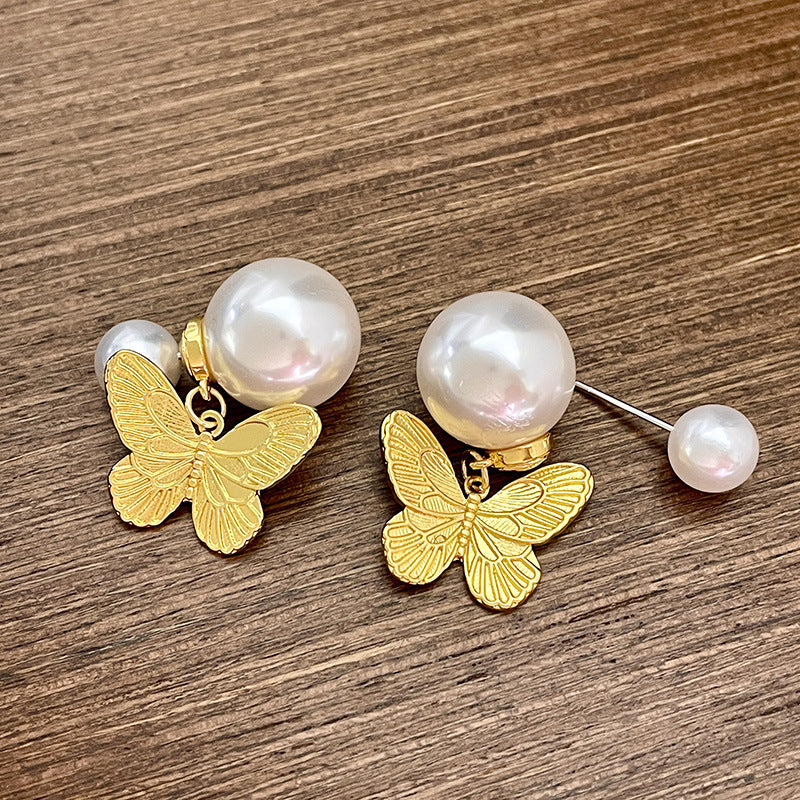 Women's Double-sided Retro Embossed Pearl Fashionable Elegant High-grade Earrings