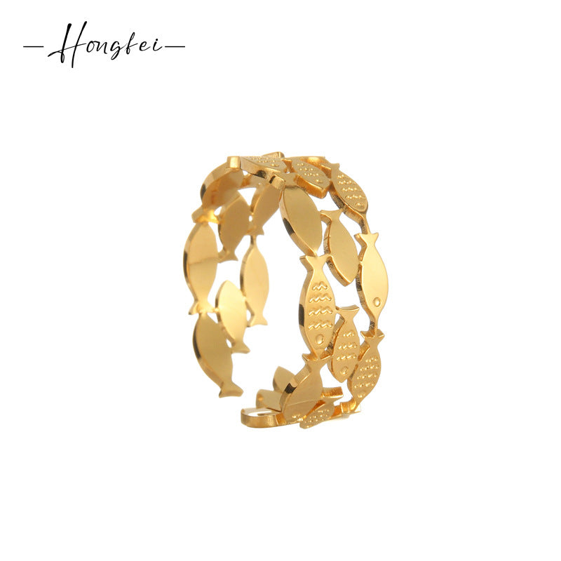 Titanium Steel Gold Hollow Fish Female Ring