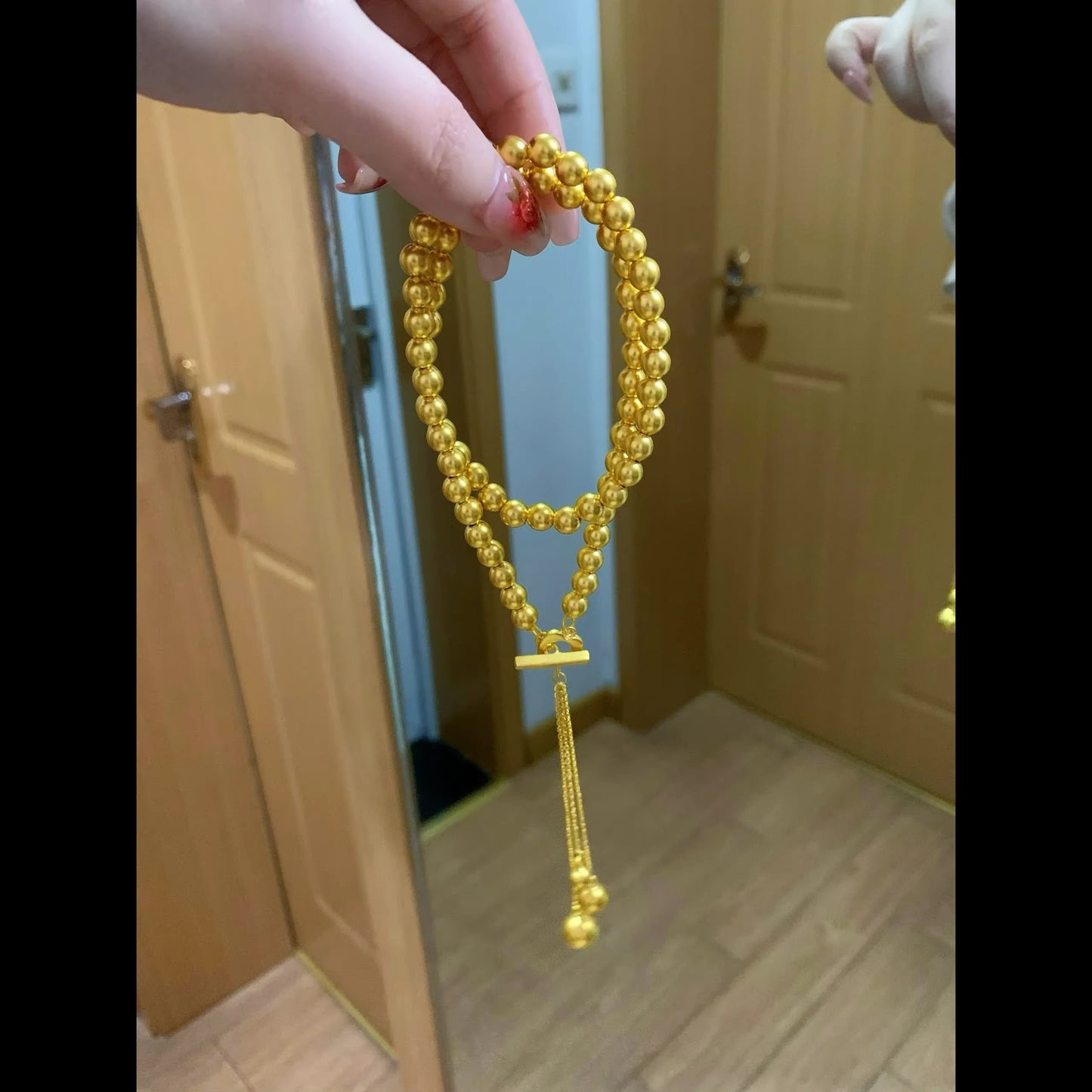 Ancient Gold Beads Chain Drop-off Heart Buckle Tassel Imitation Three Necklaces