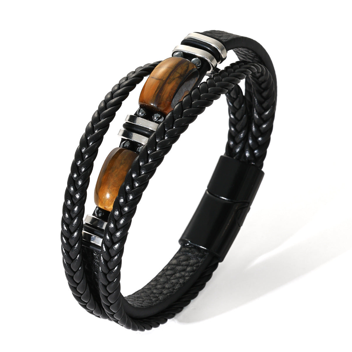 Men's Rope Leather Tigereye Stone Magnetic Buckle Bracelet
