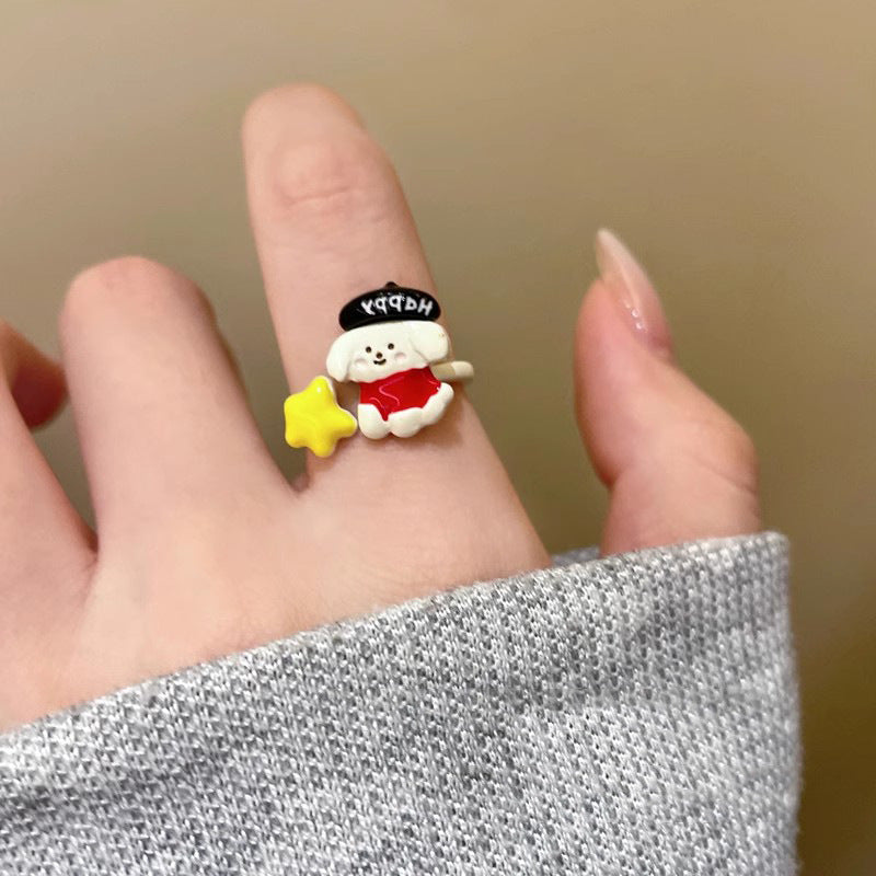 Cute Puppy Drip Glazed Female Niche Design Rings