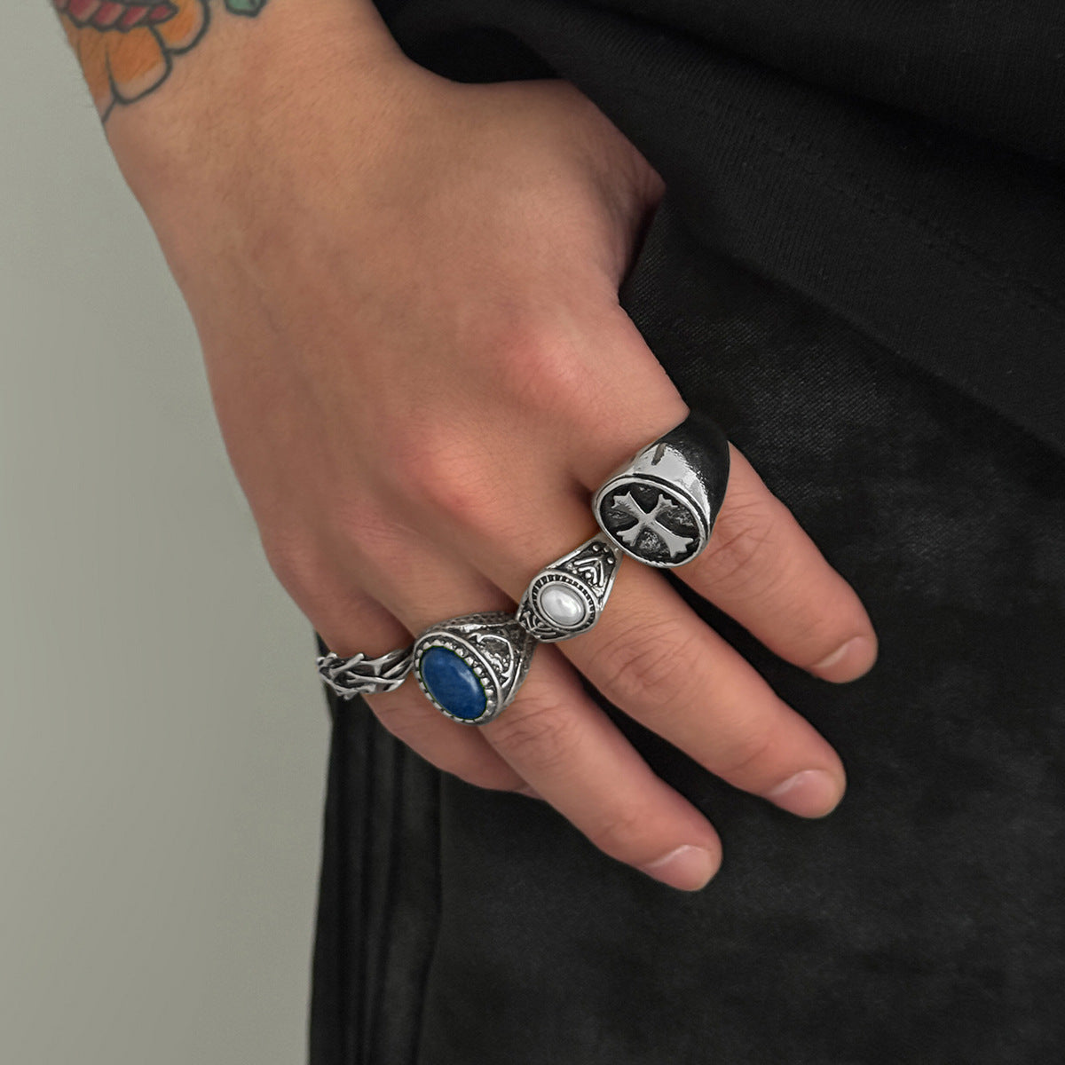 Men's Hip Hop Niche Cross Pearl Gem Ring