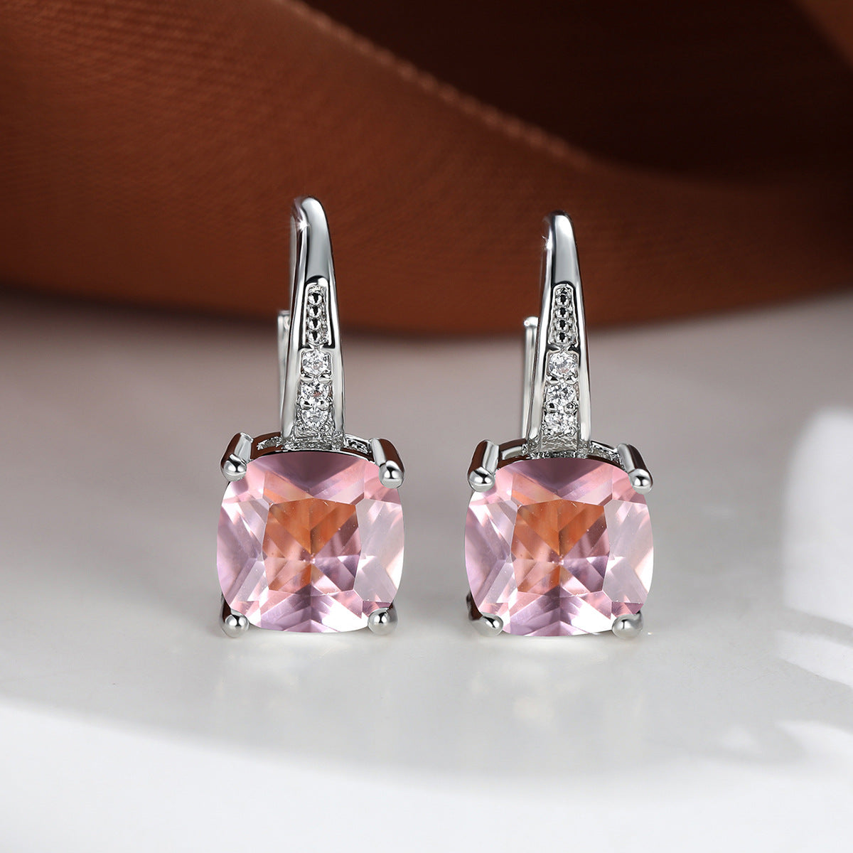 Women's Square Zircon Inlaid Ear Hook Korean Fashion Style Stud Earrings