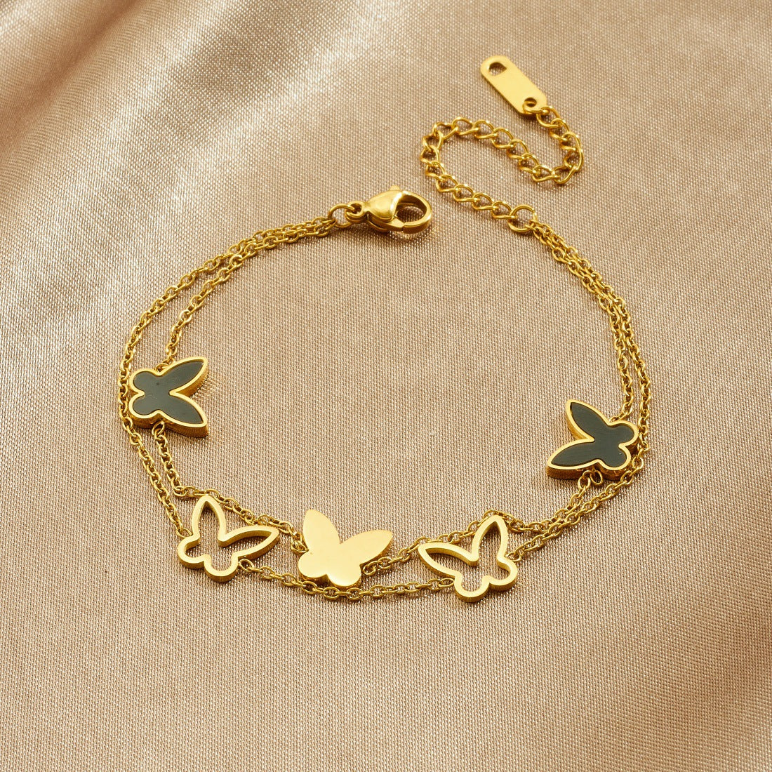 Women's Pierced Black Butterfly Chain Stainless Steel Gold-plated Bracelet