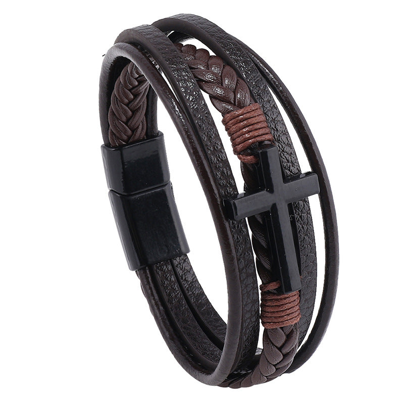 Men's Cross Leather Handmade Braided Rope Magnetic Bracelets