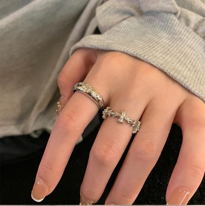 Sier Zircon Cross Female Design Light Luxury Index Finger Ring