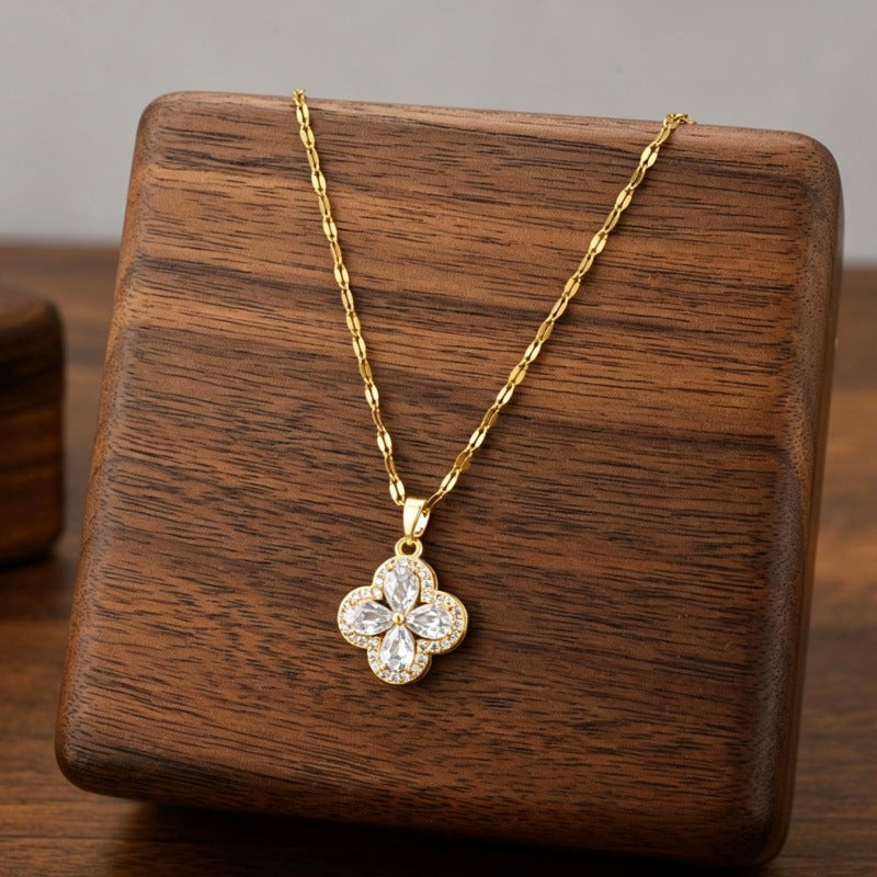 Women's Zircon Four-leaf Clover Titanium Steel Advanced Design Necklace