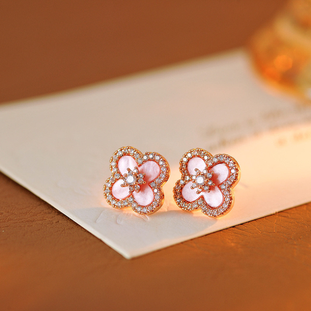 Women's Inlaid Zircon Lucky Four-leaf Flower Pink Imitation Fritillary Sier Light Stud Earrings