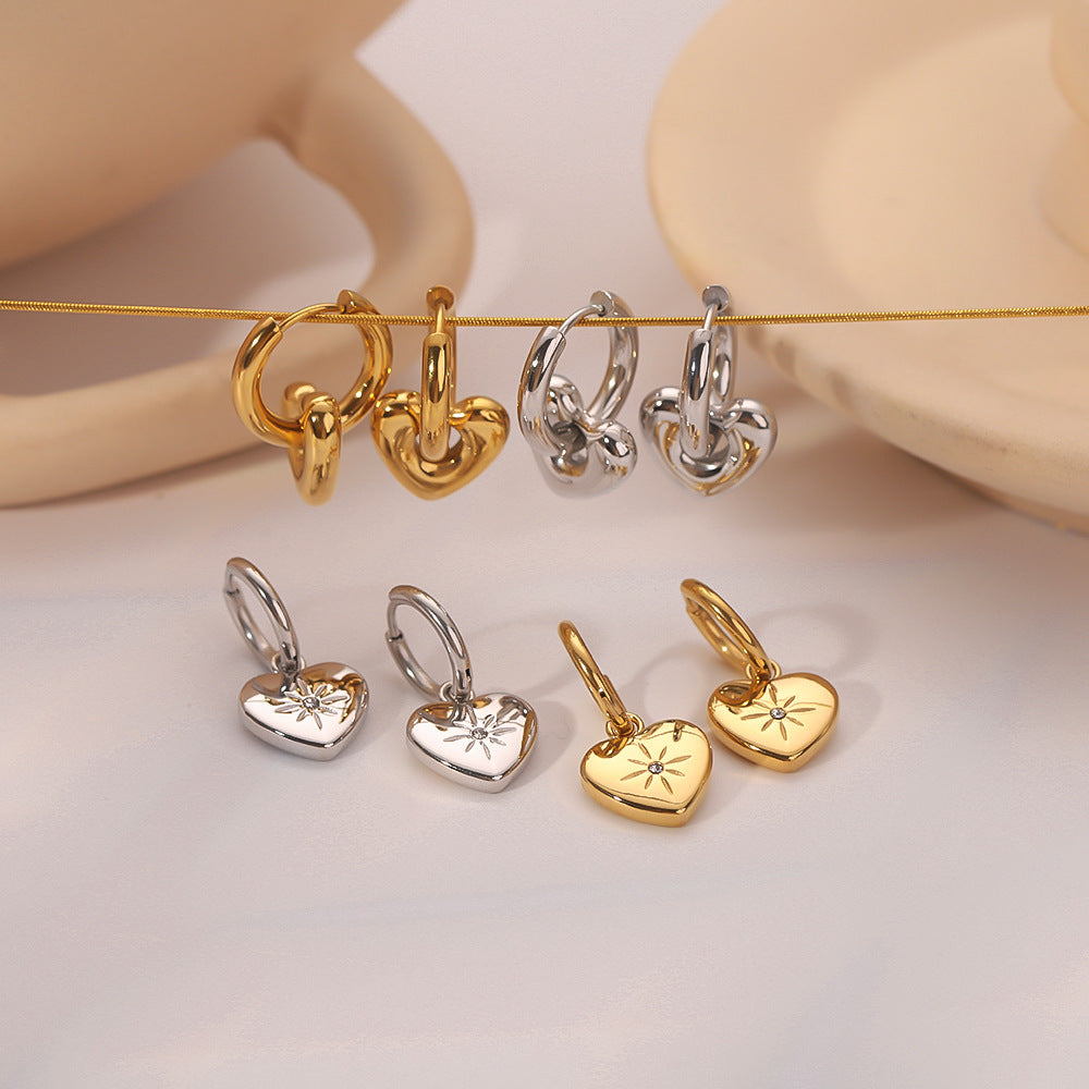 Stainless Steel Heart-shaped Gold Rhinestone Zircon Earrings