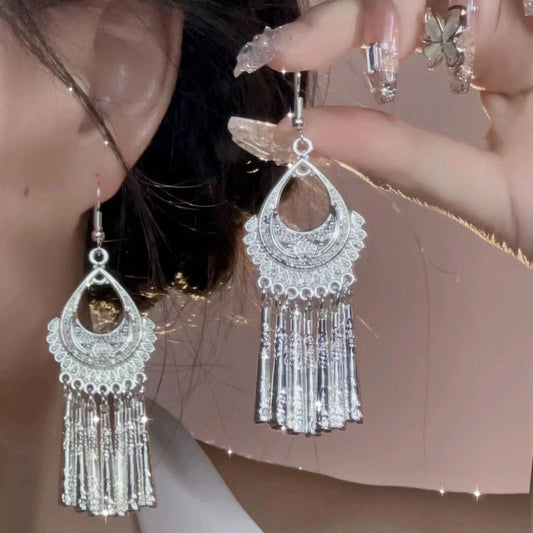 Sier Miao Bohemian Long Leaves Tassel Minority Tourist Attractions Earrings