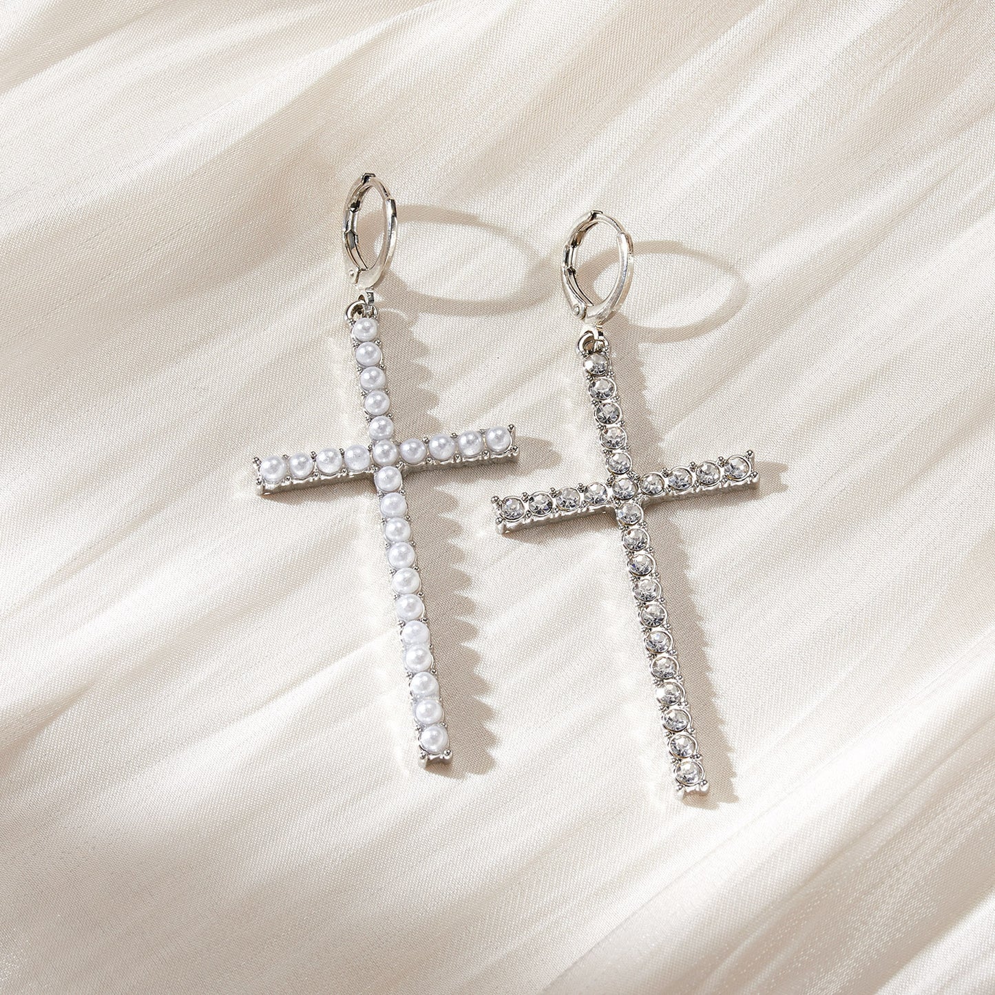 Women's High-grade Temperament Cross Pearl Rhinestone Asymmetric Earrings