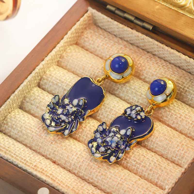 French Retro Asymmetric Flower Light Luxury Dripping Oil Geometric Earrings