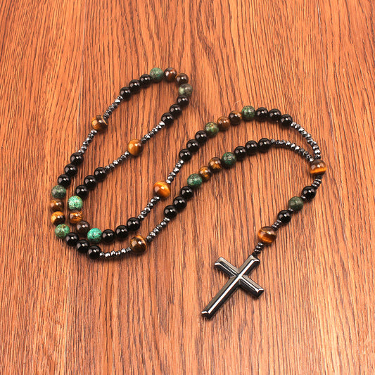 Men's Tiger Eyes Vintage Natural Stone Long Cross Necklaces