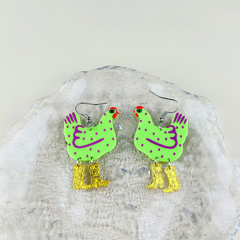 Creative Rooster Stitching Acrylic Printing Chicken Strange Earrings