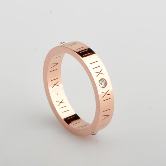 Women's & Men's Rose Gold Titanium Steel Roman Numeral Diamond Studded Rings