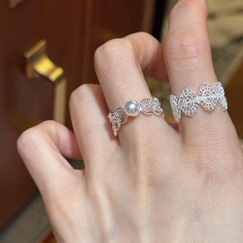 Pearl Lace Wide Mouth Stacked Female Light Luxury Minority High-grade Ring