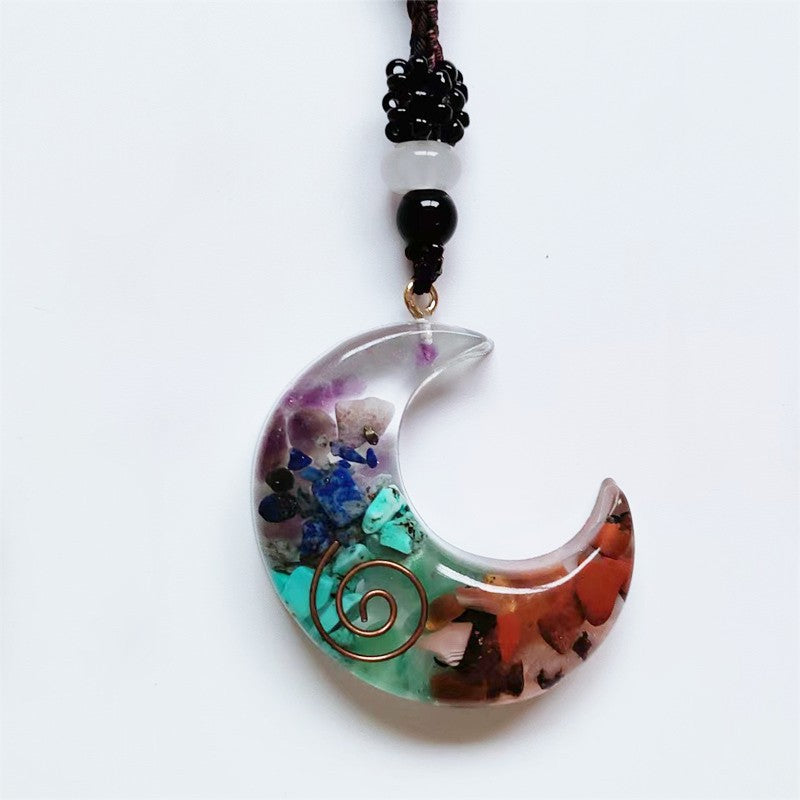 Sweater Chain Colorful Gravel Black Leather Rope Resin Pendants