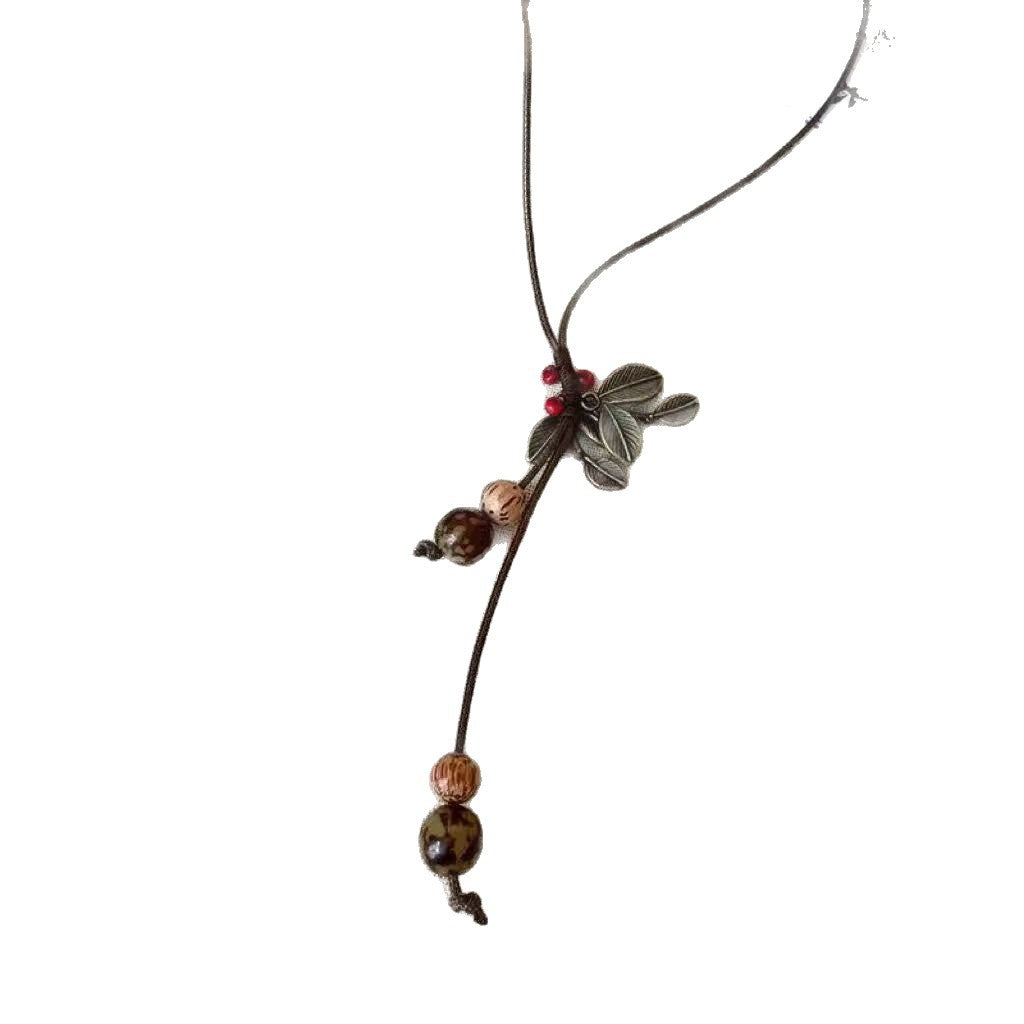 Women's Style Wooden Metal Leaf Braided Rope Ethnic Necklace