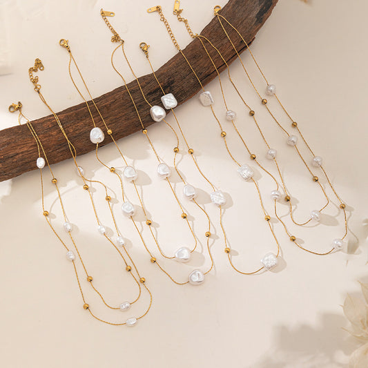 Women's Style Retro Baroque Short Pearl Double Layered Wear Light Luxury Necklaces