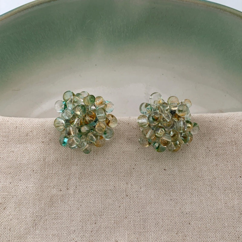 Emerald Beads Cluster Clear Cyan Beaded Niche Gentle Stud Earrings