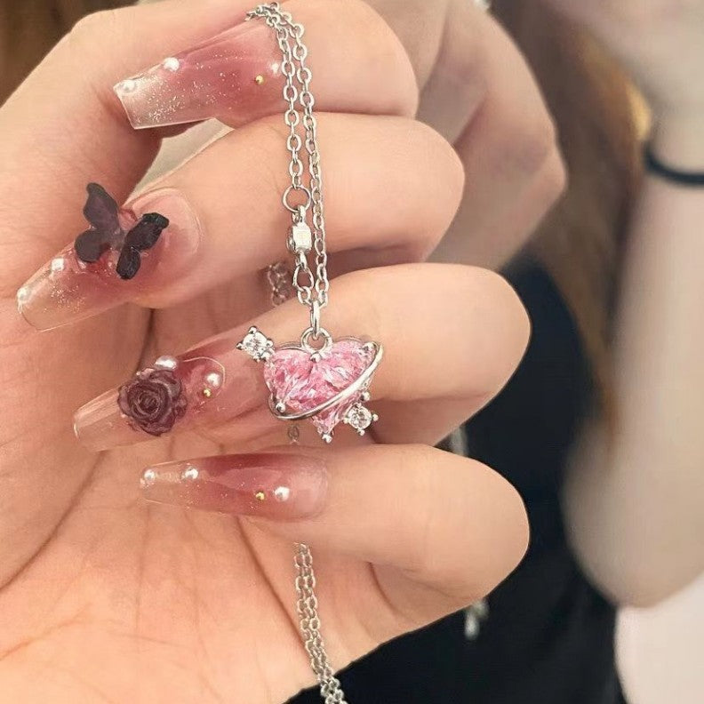 Heart Love Planet Female Light Luxury Minority Sweet Pink Necklaces