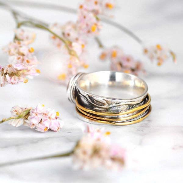 Retro Light Sapphire Two-tone Distressed Ladies Ring