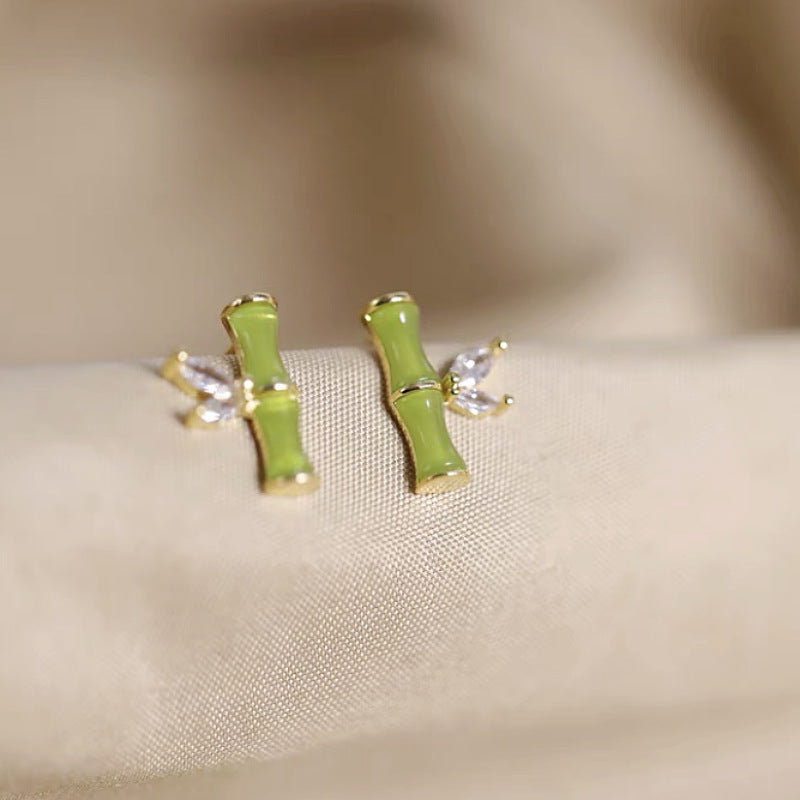 Women's High-grade Greenish White Jade Bamboo Ancient Style Trendy Sterling Sier Earrings