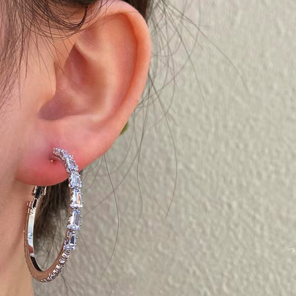 Sier Needle Zircon Elegant High Sense Full Diamond Big Circle Earrings