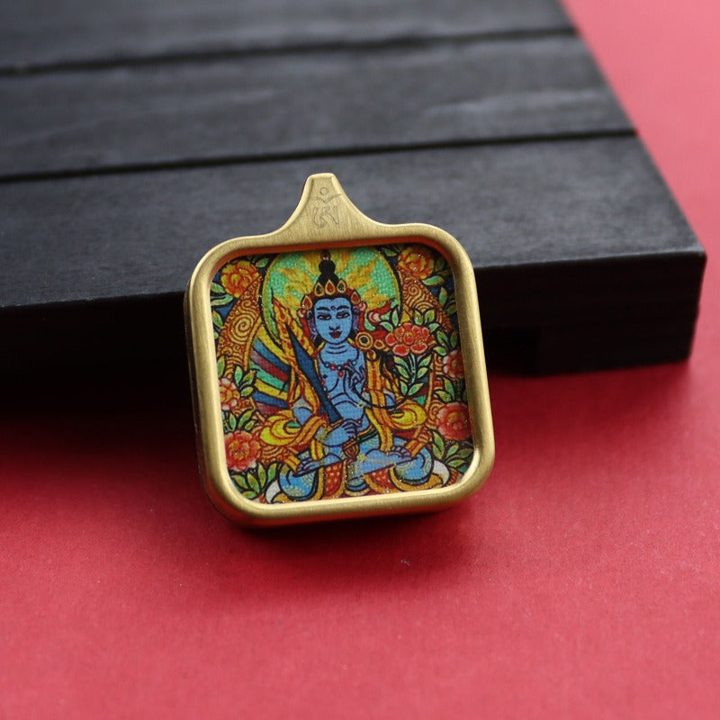 Tibetan Square Hand Painted Golden Outline Eight Patron Pendants