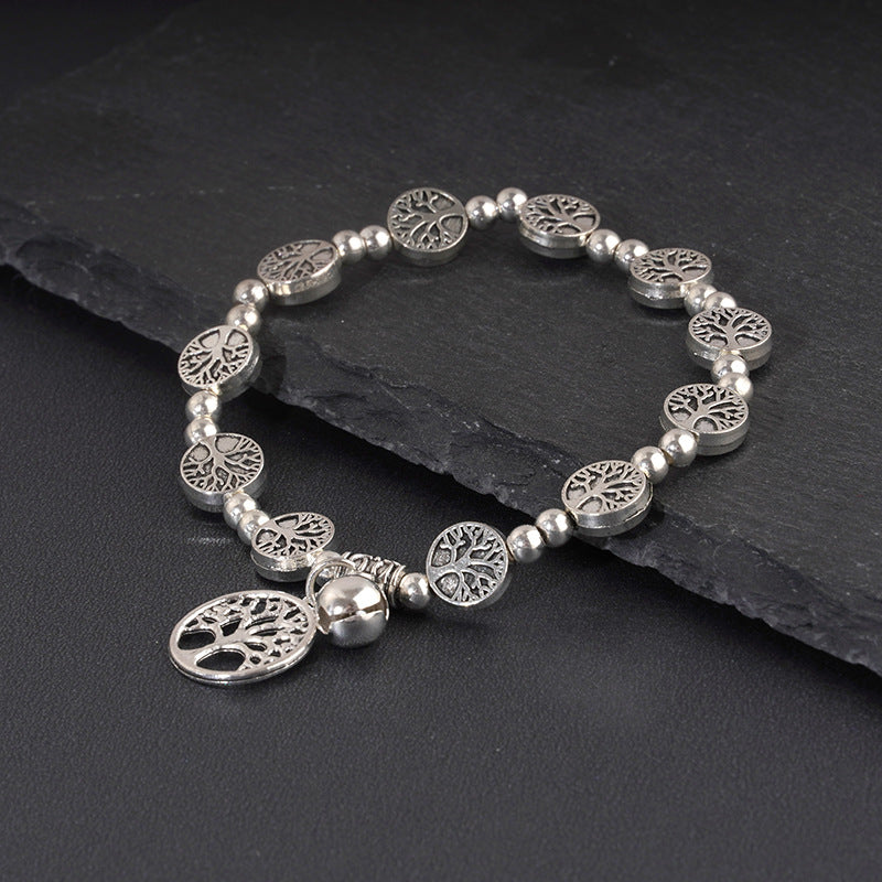 Women's Vintage Sier Beaded Lucky Tree Alloy Bell Mori Style Bracelet