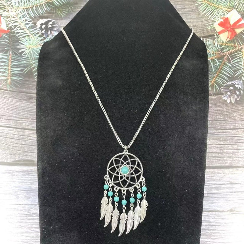 Fashion Turquoise Round Beads Alloy Feather Necklaces