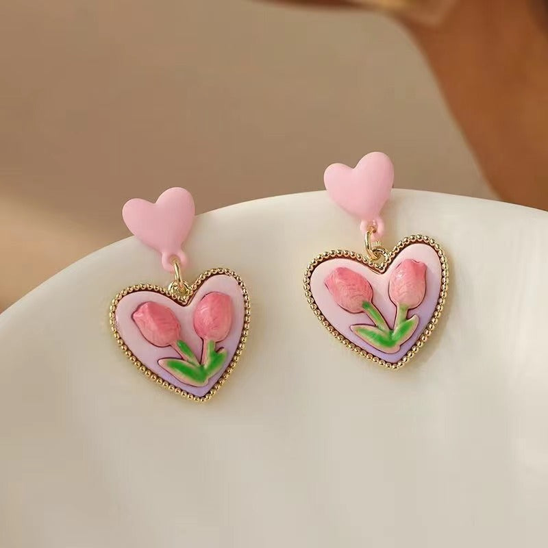 Women's Sier Needle Crystal Pearl Tulip Flower Simple Graceful Earrings