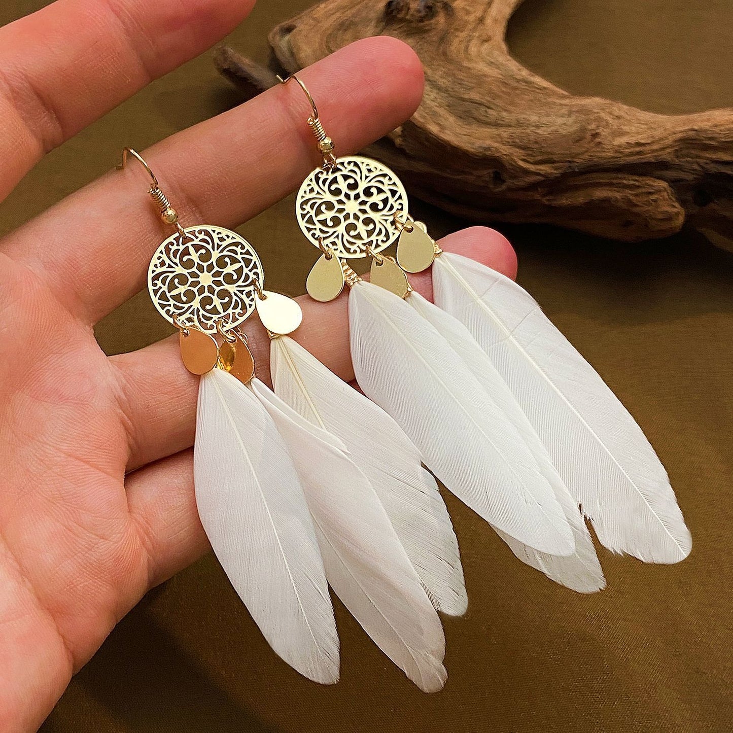 Semicircle Feather Popular Long Bead Chain Tassel Ethnic Rings