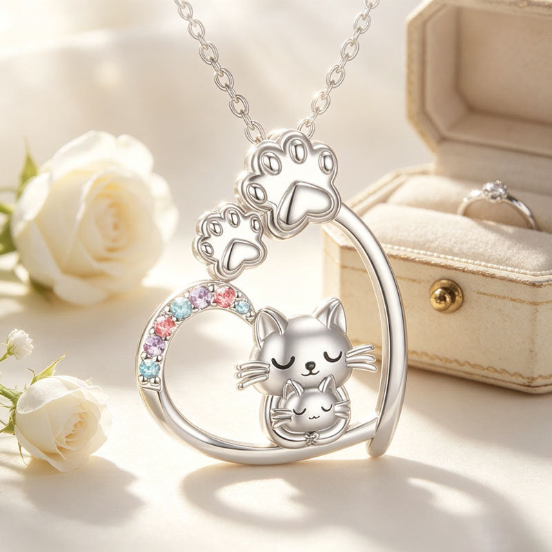 Kitty Cat's Paw Heart-shaped Colorful Crystals To Give Mom Mother's Necklace