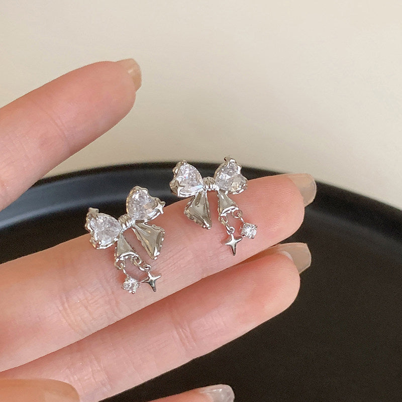 Light Luxury Bow Artificial Zircon Female Ear Clip Niche Earrings