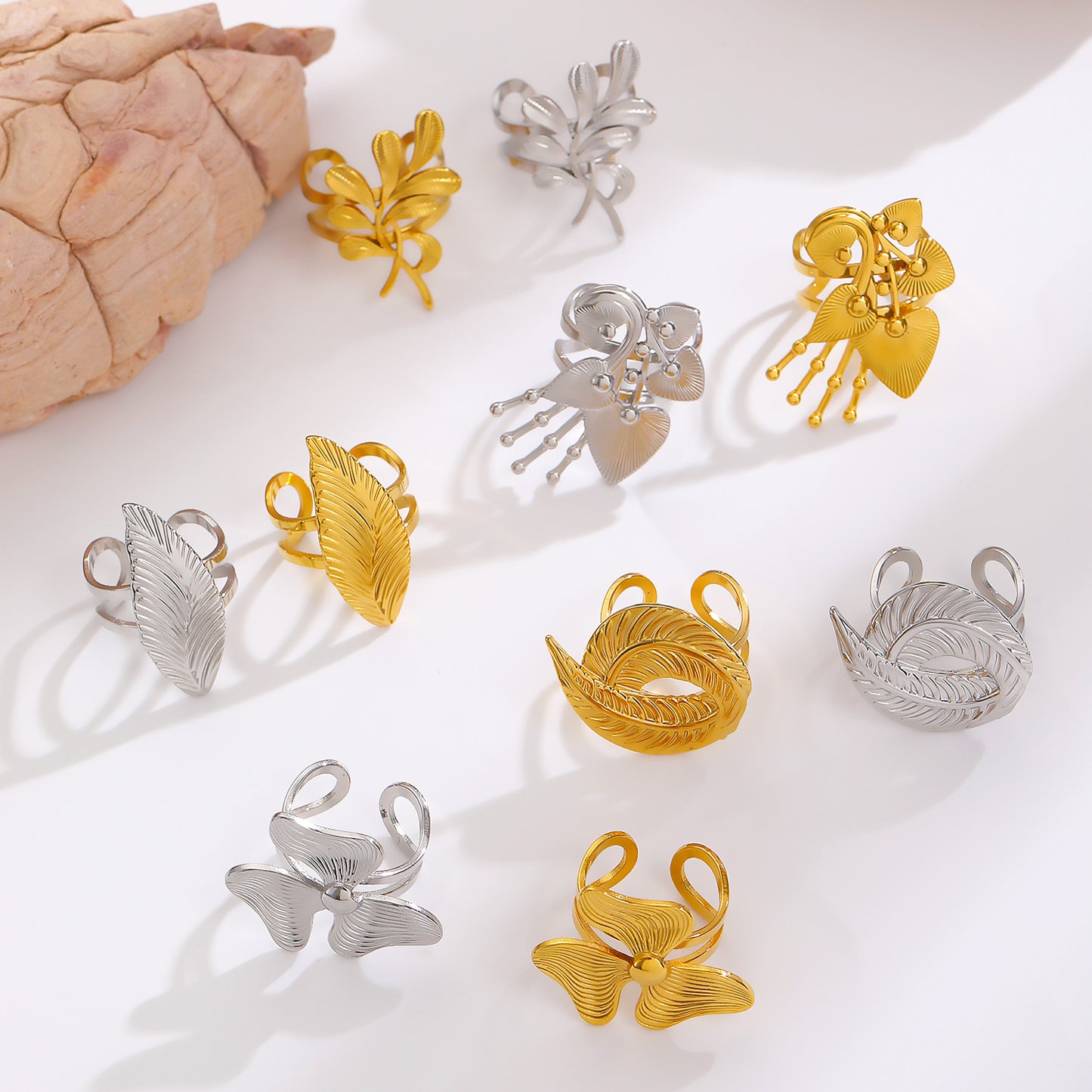 Steel Flower Leaf Female Exaggerated Personalized Hollow Ring