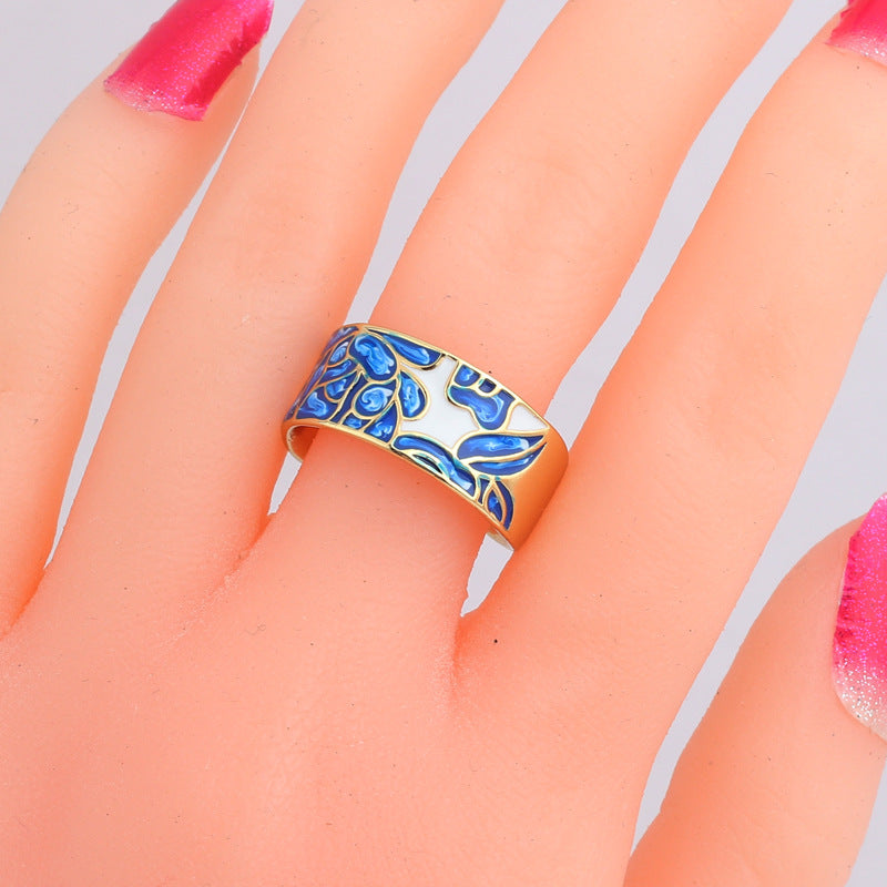 Women's Face Blue Leaf Slate Pattern Opening Adjustable Rings