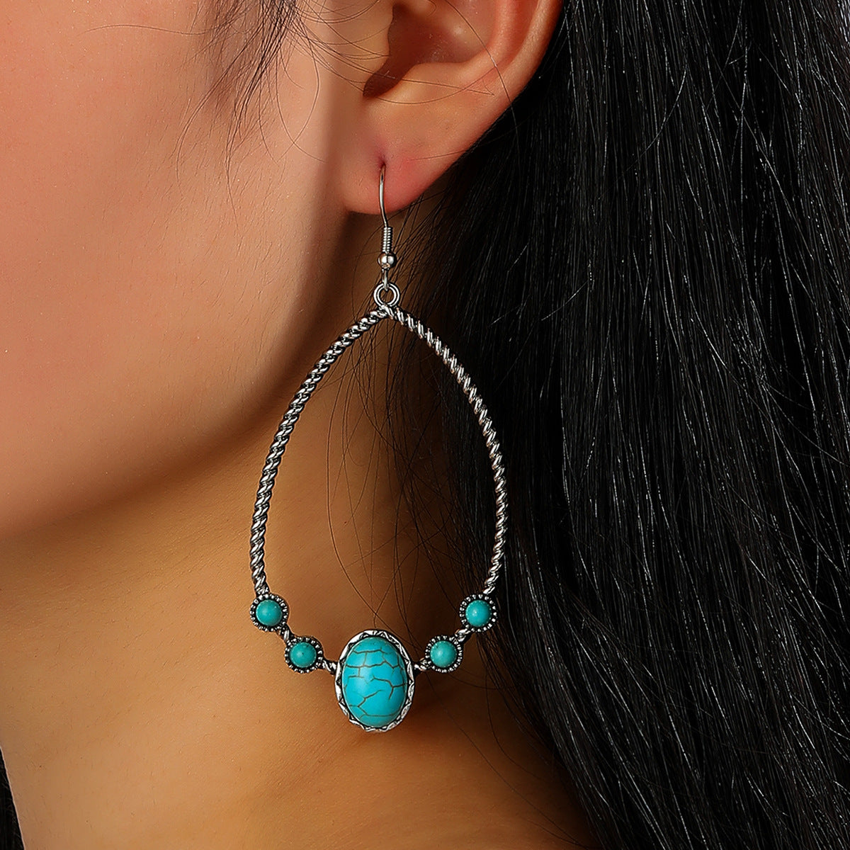 Retro Exaggerated Water Drop Turquoise Inlaid Earrings