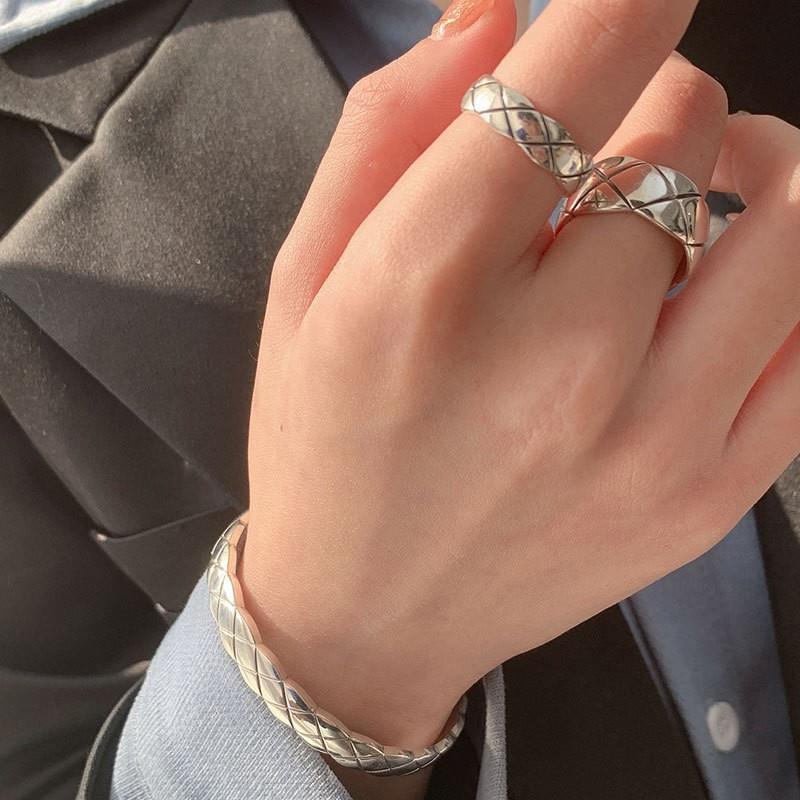 Sier Thick Thin Diamond Plaid Open Female Light Luxury Minority Ring