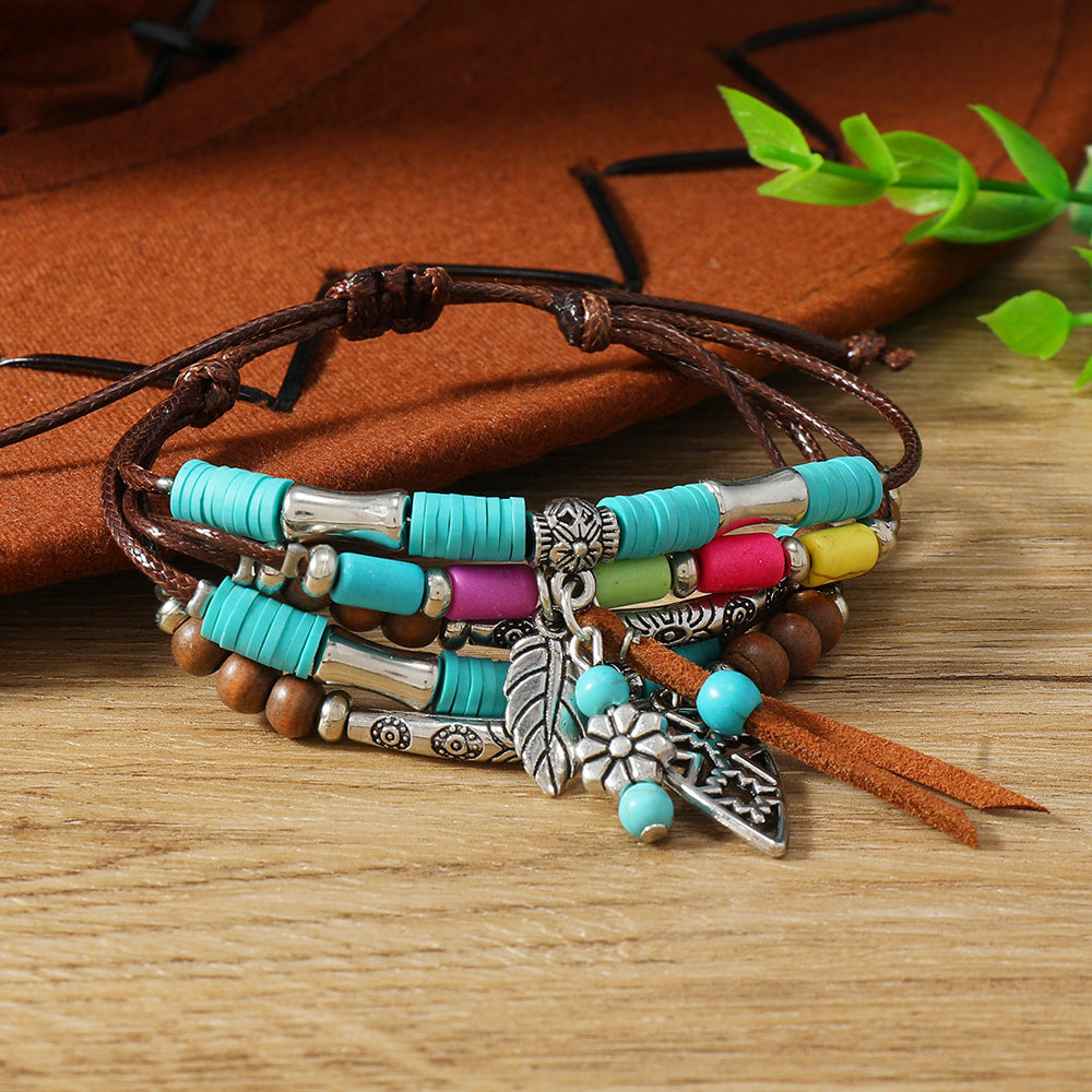 Style Bohemian Turquoise Cow Head Hat Tassel Handmade Bracelets